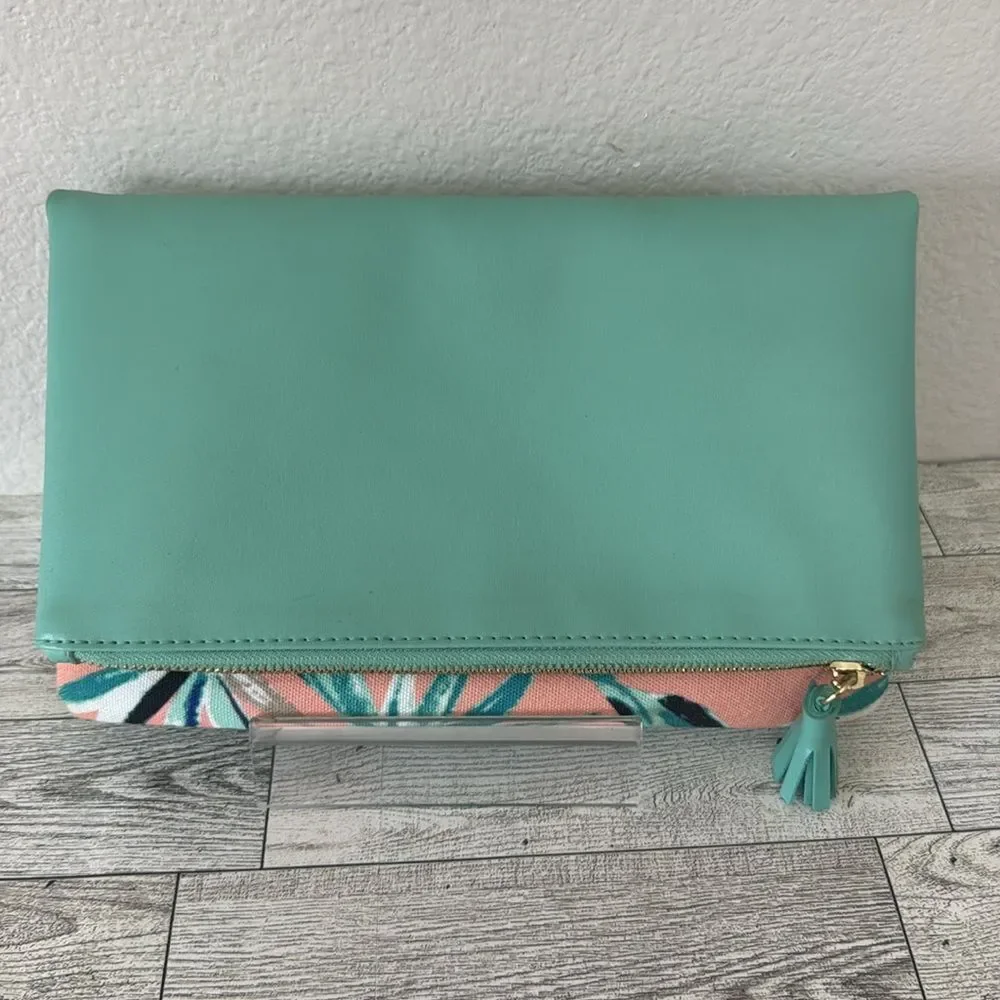Rachel Palley Mint/Salmon Pink Tropical Fold over Clutch Pouch NWOT